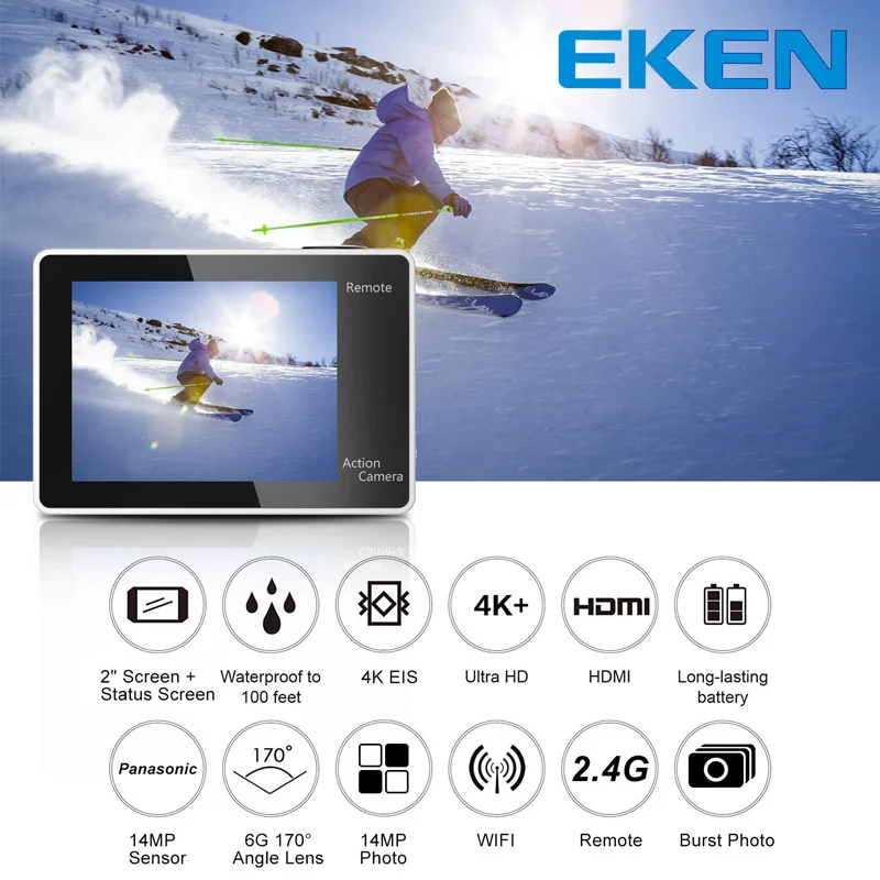  EKEN H6s 4K+ Ultra HD 14MP with EIS Remote Sport Camcorder Ambarella A12 Chip Wifi 30m Waterproof P