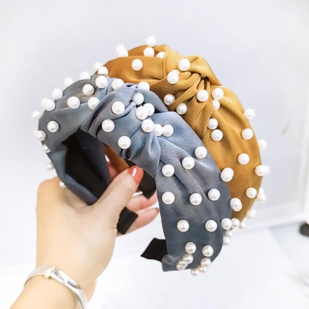 

Bohemian Solid Color Soft Satin Center Knot Wide Hairband with Pearl Knotted Hairband customized Hair Accessories Wholesale