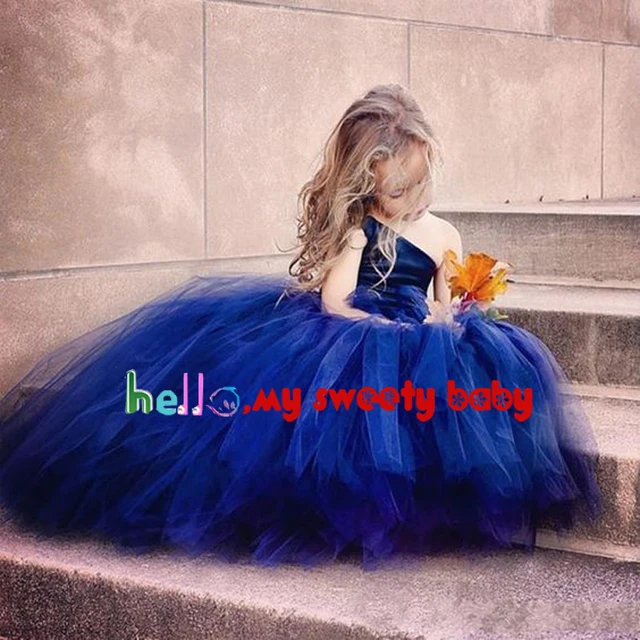 Best price at $101 Cheap Royal Blue Little Girls Party Dresses One Shoulder Satin Tulle 2017 Ball Gown Floor Length Little Flower Girls Dresses 2017