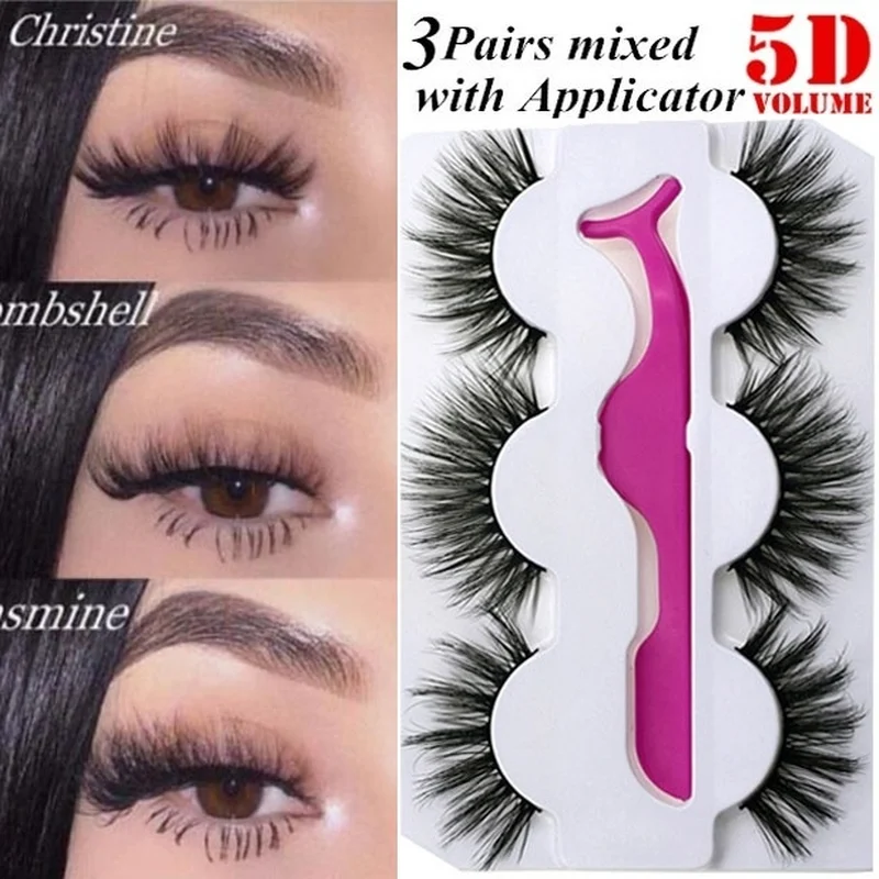 

Beauty Reusable 5D 3 Pairs Mixed Style Mink Eyelashes with Lashes Tweezer Handmade Eyelashes False Lashes Extension Makeup Tools