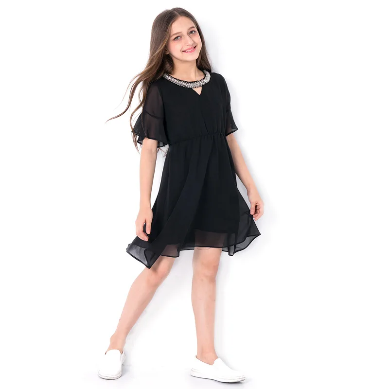 Черное шифоновое платье для девочек, летняя одежда для подростков 10, 11, 12, 13, 14 лет, повседневное детское платье