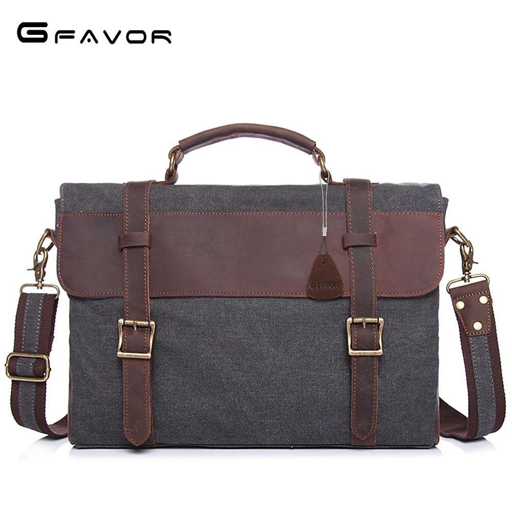 

G-FAVOR Patchwork Briefcase Men Crazy Horse Leather&Canvas Vintage Computer Handbag Business Messenger Bag Male Laptop Case