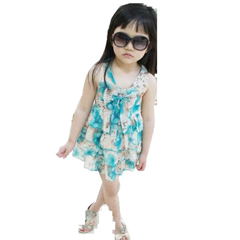 

Girls Sleeveless Floral Print Chiffon Dress Layered Tutu Dress Summer Dress 2-7Y