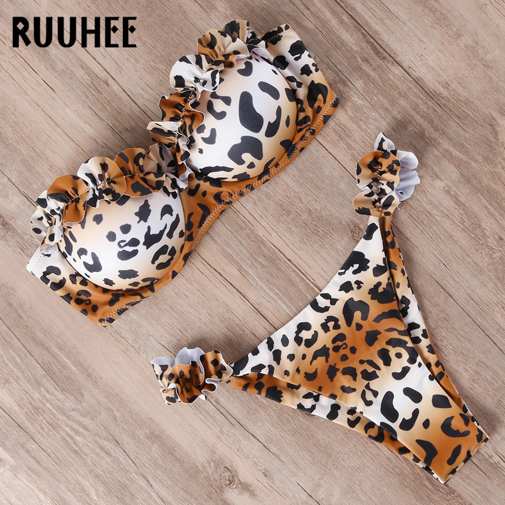 Bikini Bandeau RUUHEE traje de baño para mujer traje de baño Sexy con volantes Bikini conjunto Push Up traje de baño femenino brasileño leopardo bañador 2019