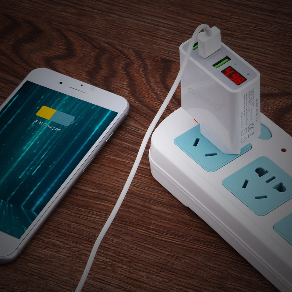 Настенное зарядное устройство POWSTRO 3 порта USB светодиодный дисплей вилка