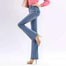 Для женщин Высокая Талия расклешенные джинсы штаны стрейч обтягивающие джинсы тонкие бедра джинсовые загрузки сокращений плюс Размеры s1300