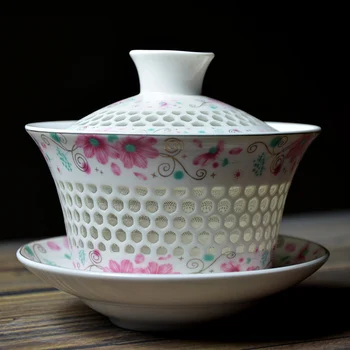 

300ML Chinese Style Ceramic Hollow Gaiwan Large Capacity Drinkware Office Master Tea Bowl with Lid Saucer Kit Art Teaware Teapot