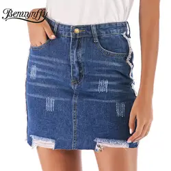 Benuynffy лето для женщин юбка повседневное кисточкой Высокая талия мини юбки s Bodycon Мода промывают рваные линии джинсовая юбка
