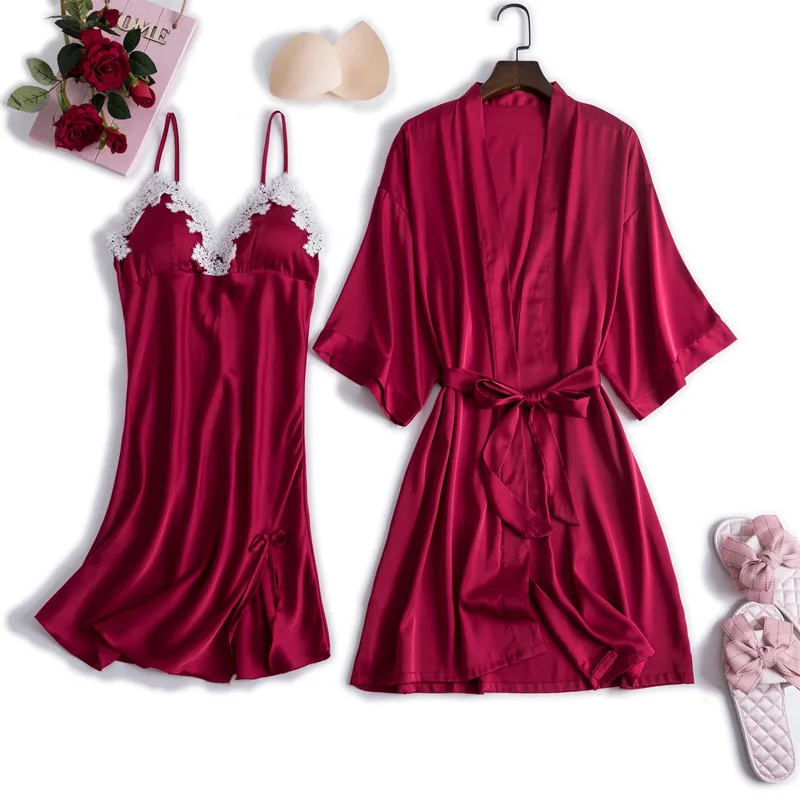 

MECHCITIZ 2019 Sexy Lace Women Robe Gown Sets Silk Bathrobe Autumn Sleepwear With Chest Pads Nightdress Robes Pyjama Lounge Set