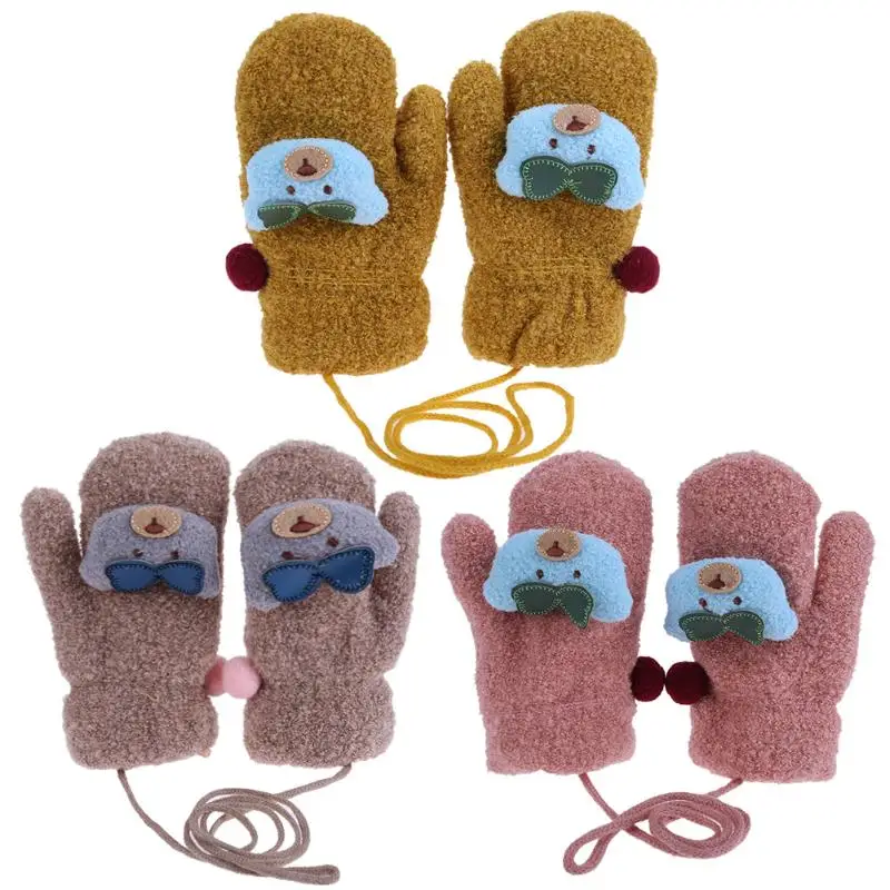 2017 Winter Baby Cartoon Bear Gloves Warm Boy Girl Windproof Hand Muff Fashion Kids Child Full Finger Knitted Mittens Ski | Детская