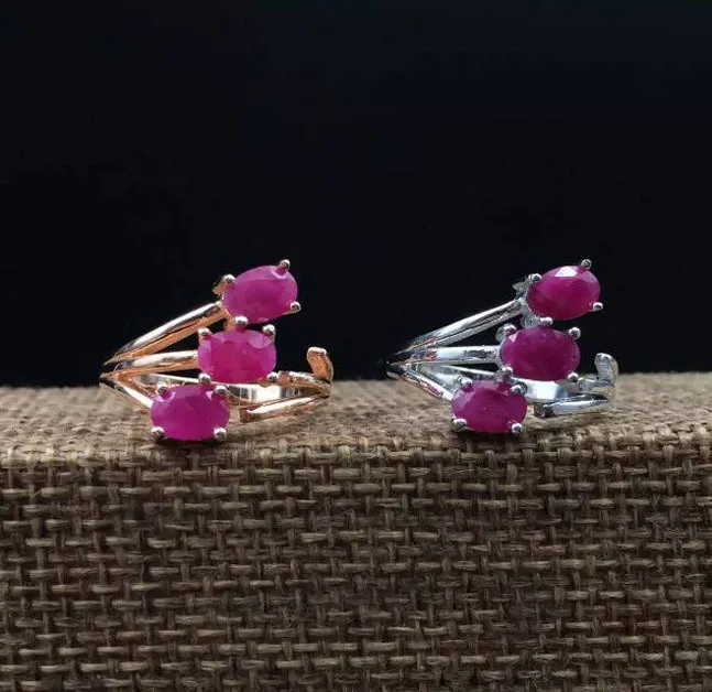 

Natural Ruby ring real 925 sterling silver woman gem stone jewerly wedding three gems