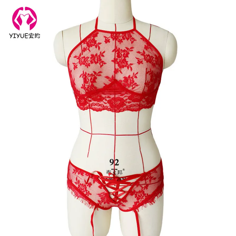 

2019 Women's Sexy Lingerie Sexy Red Lace Perspective Underwear Hollow Straps Hanging Neck Socks Sexy Lingerie Suit Lace Bodysuit