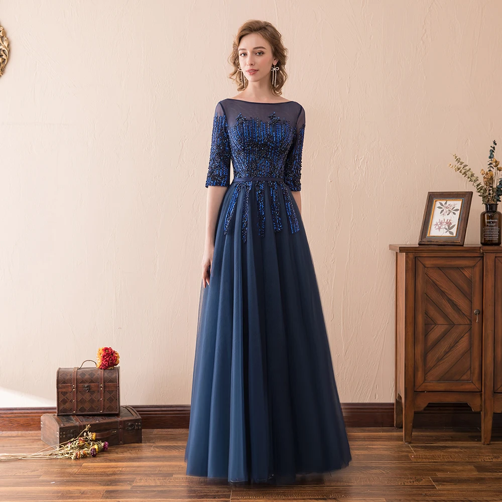Платье для выпускного бала, голубое с овальным вырезом, с блестками, с бисером, длина до пола, длинное Тюлевое ТРАПЕЦИЕВИДНОЕ вечернее платье с коротким рукавом для женщин