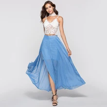 Летняя Высокая талия сплит сплошной шифон Макси юбка Бохо Повседневная Белый Черный цвет гофрированные длинные юбки Jupe