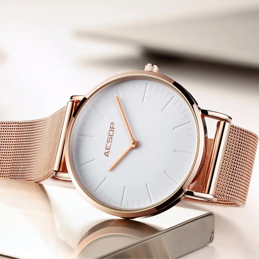Beste AESOP Luxe Merk Vrouwen Horloges Ultra dunne Fashion Gold Stalen Armband Dames Jurk Quartz Horloge relogio feminino montre femme