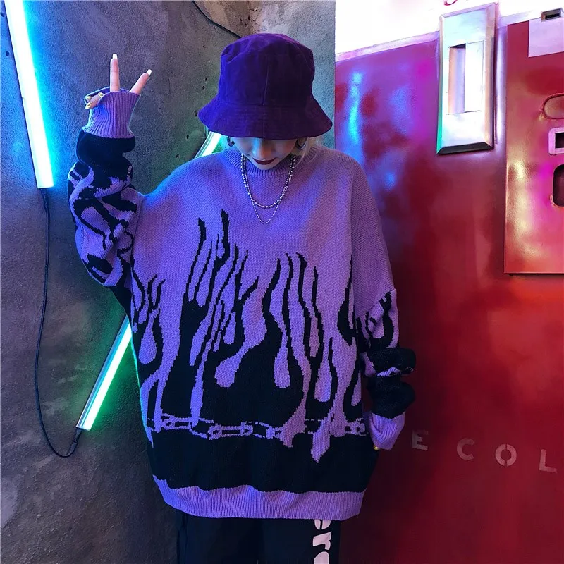 

2019 Autumn Winter Harajuku Flame Knitting Batwing Sleeve Sweater Women Tide Printed Outerwear Loose Pullover
