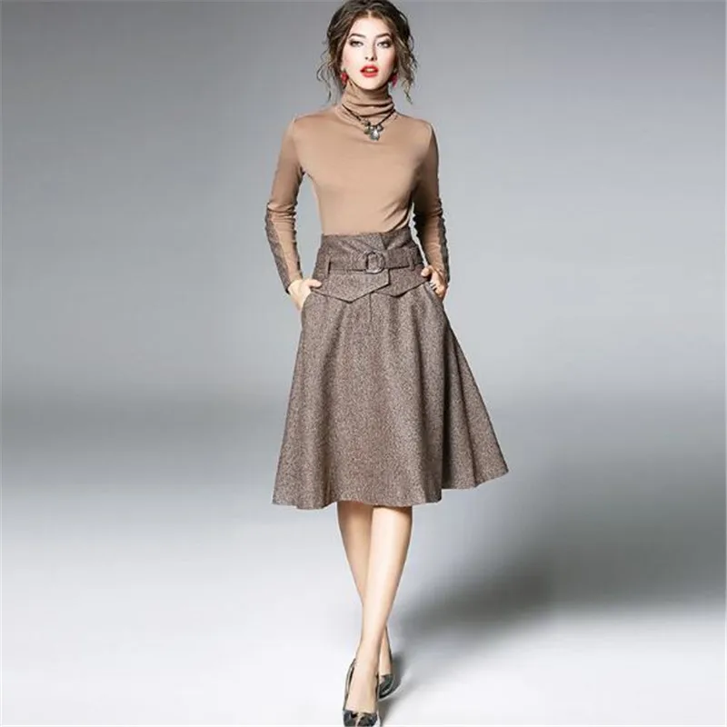 

European Beauty Suit Autumn Winter New Turtleneck Slim Bottoming Tops + Large Swing Wool Blends Skirt Women Two-piece Set A5211