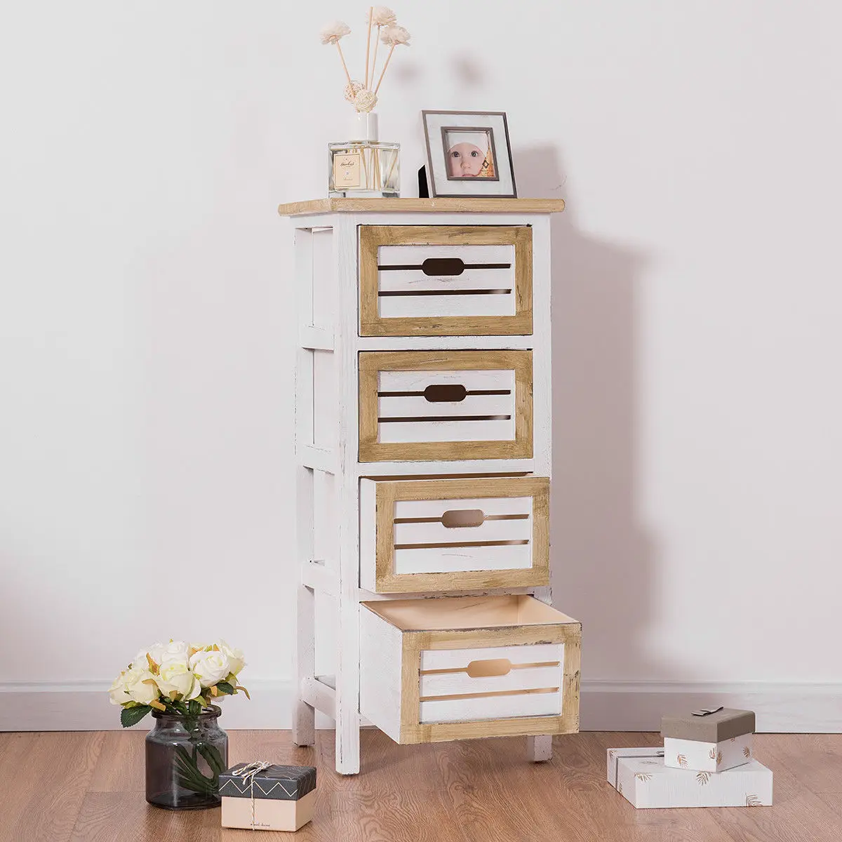 Giantex Wooden Chest Bedside Table Modern Nightstand Cabinet Side End Table with 4 Drawer Bedroom Furniture HW57054