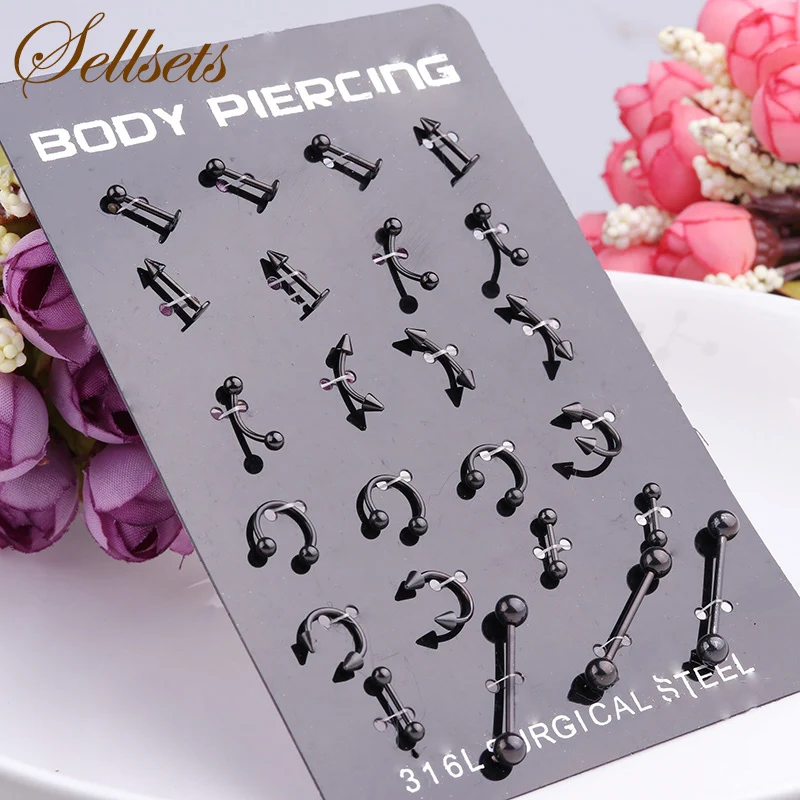 

Sellsets Mix Designs 24Pcs /lot 1.2*8*3 mm Black Circular Barbell Horseshoe Spike Body Piercing Unisex Jewelry