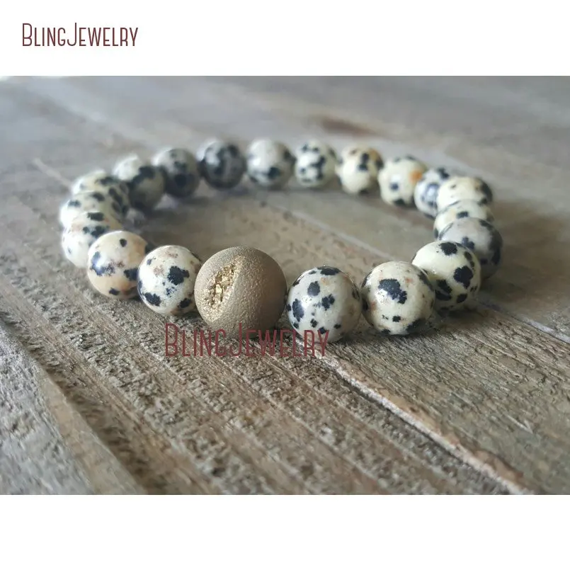 20181026-BM19025-Dalmation Jasper Bracelet Gold Druzy Agate For Sale