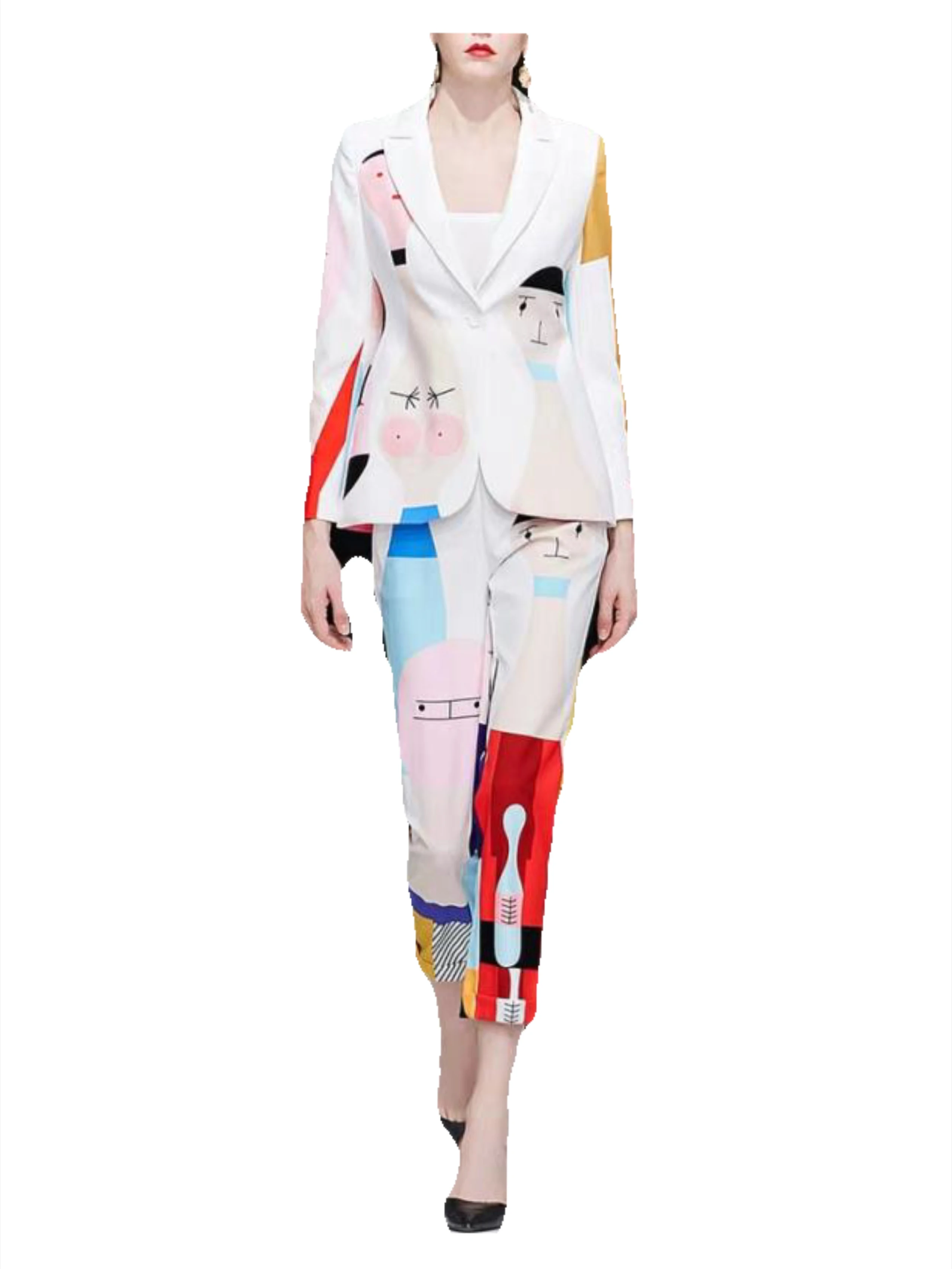 

Women's Sets Long Sleeve Cartoon Geometric Print One Button Turn-down Collar Blazer + Pencil Pants Fashion Suit 2018 Autumn New