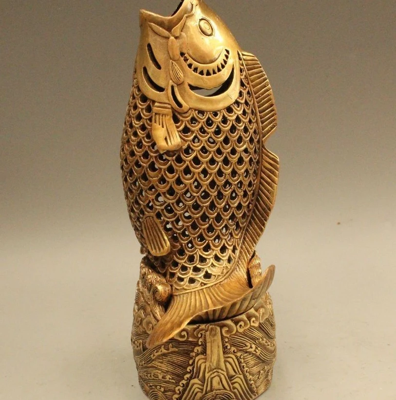 

8" Marked Chinese Dynasty Palace Brass Carp Fish Barracuda Incense Burner Censer