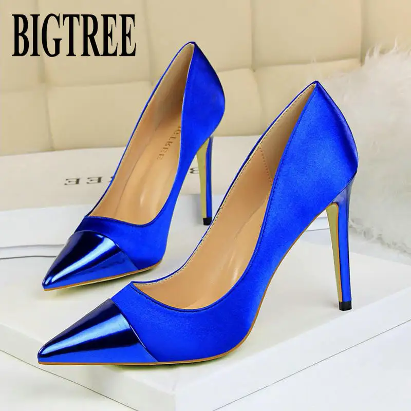 

BIGTREE 2019 Fashion 10cm High Heels Women Valentine Blue Pumps Female Satin Stiletto Heel Tacones Fetish Silk Glitter Red Shoes