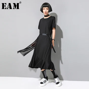 

[EAM] 2020 New Spring Summer Round Neck Short Sleeve Black Loose Chiffon Split Joint Temperament Dress Women Fashion Tide JX497