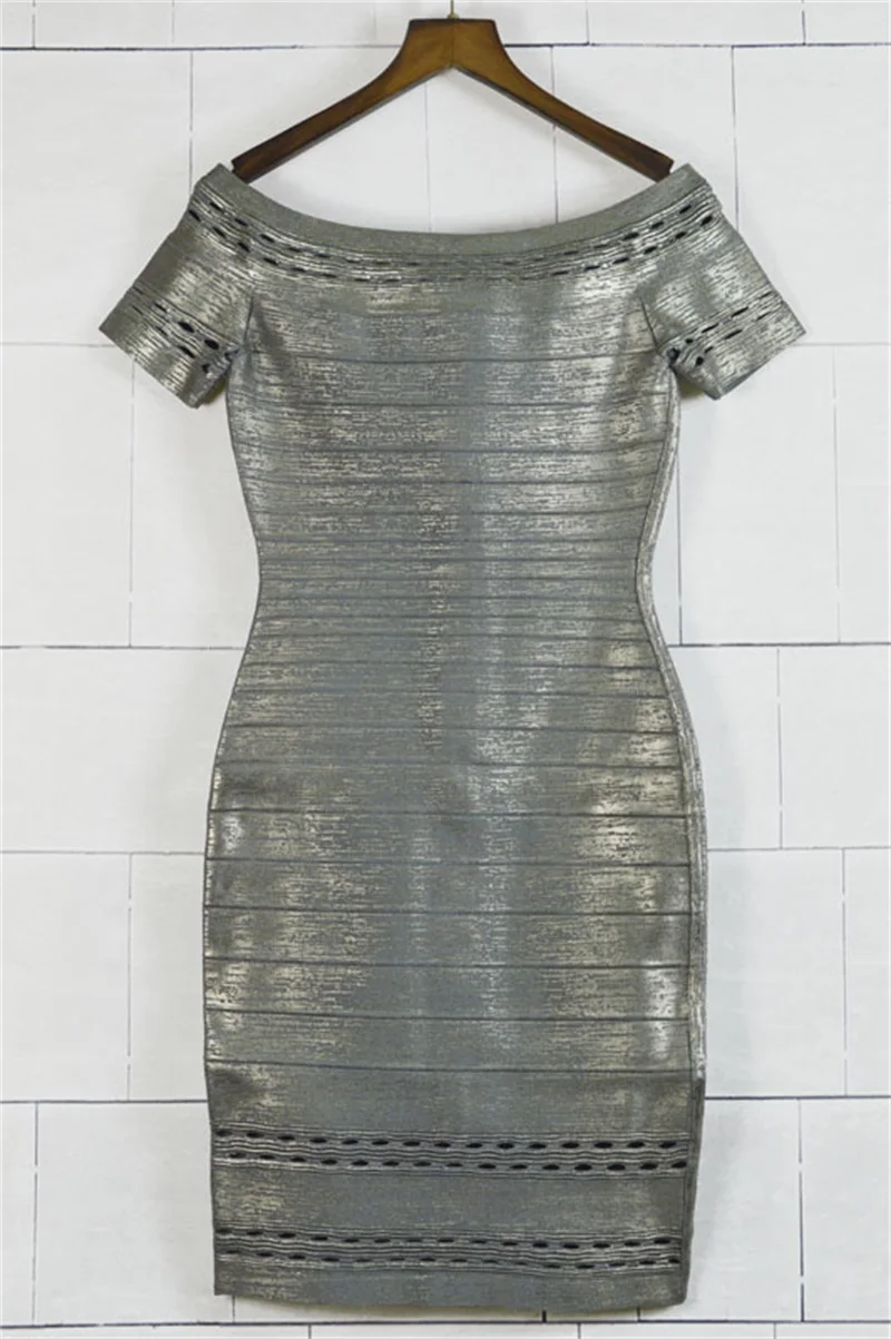 Black Silver Women Bandage Dress New Fashion Sexy Short Sleeve Slash Neck Hollow Out Dress Night Out Club Party Dresses