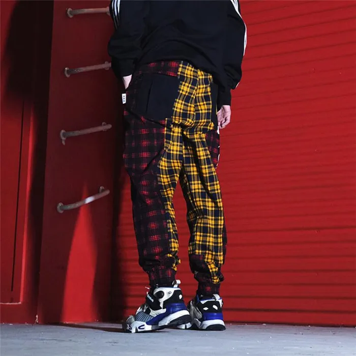 Новая мода харадзюку клетчатые штаны для бега для мужчин хип-хоп китайские персонажи эластичный пояс шаровары уличная одежда для мужчин s брюки