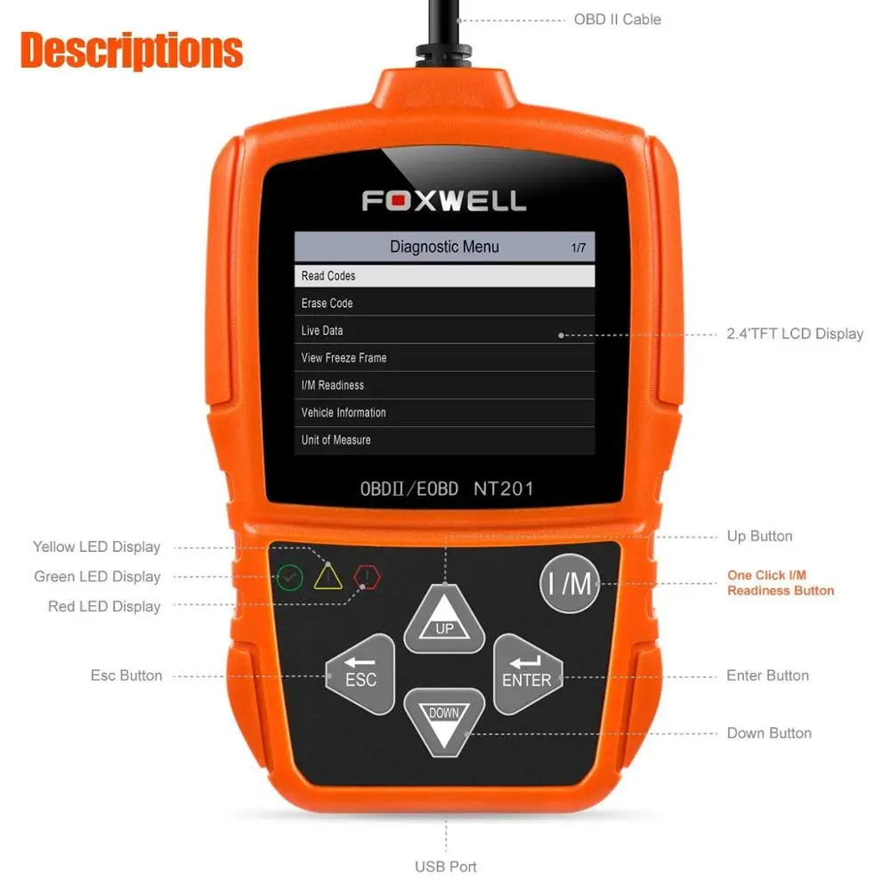 Foxwell NT201 EOBD OBD2 Автомобильный сканер светильник двигателя считыватель кодов