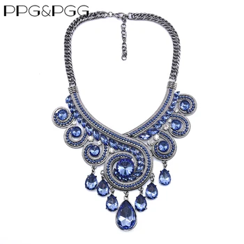 

PPG&PGG Bohemia Chunky Chain Statement Women Blue Crystal Waterdrop Tassel Necklaces & Pendants Jewelry