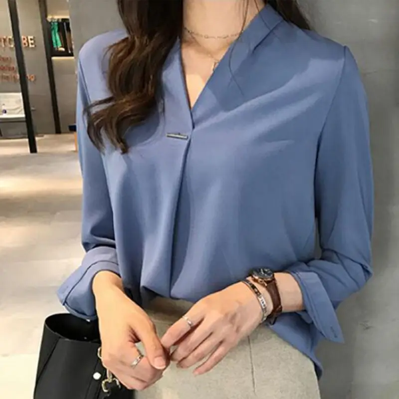 office Lady Chiffon Blouse Shirt Summer Blouse Tops Long Sleeve V Neck Female Blouse 3