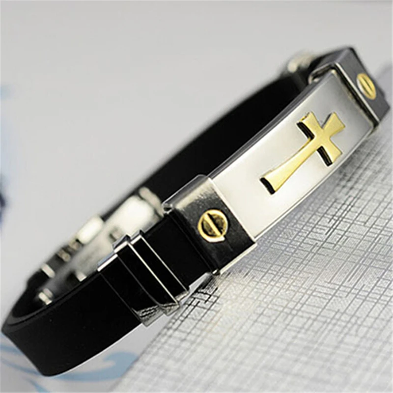

New Brand Unisex Womens Mens Cross Stainless Steel Silicone Buckle Bracelets Bangle Wristband Gift For Men Women