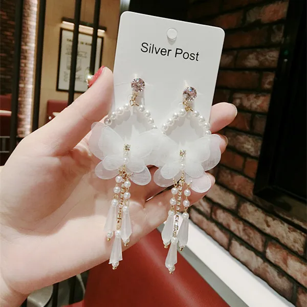 

New Woman Drop Earring Big White Chiffon Butterfly Pearl Long Tassel Dangle Earrings High Quality Personality Fashion Jewelry