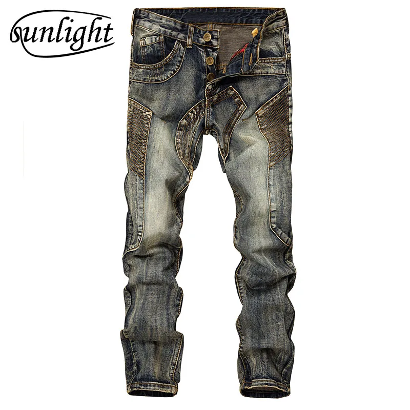

sunlight 2017 new men's fashion pants stitching men's jeans funtional pockets jeans,tight motorcycle punk Army Zipper jeans