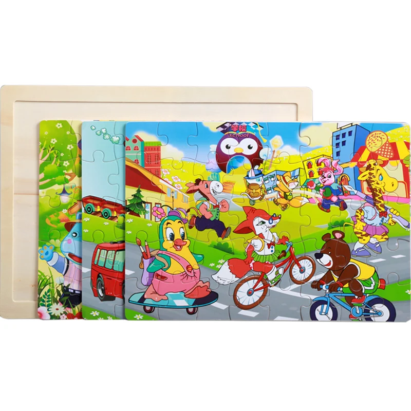 

Wood Puzzle Cartoon Jigsaw Animal School Forest Outing Amusement Park Puzzles Educational DIY Toys For Children Birthday Gifts