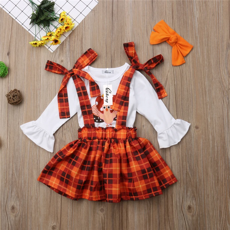 

2-7Y New Toddler Kids Baby Girl Thanksgiving Day Turkey Sweatshirt Long Sleeve Top+Plaid Skirt Outfit Autumn Dress Set