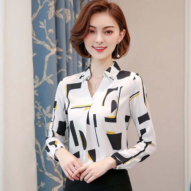 

Summer temperament commuter long-sleeved V-neck lapel geometric print chiffon Slim-fit ladies casual versatile shirt