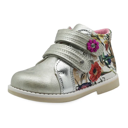 Apakowa/брендовые Модные ботильоны из искусственной кожи для девочек; сезон весна-осень женские туфли с противоскользящей подошвой для школы; вечерние туфли с цветами; европейские размеры 21-26 - Цвет: Silver