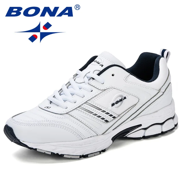 BONA New Designer Sneakers Men Casual Shoes Split Leather Men Zapatillas Fashion Chaussure Homme Plus Size Comfortable Footwear White deep blue