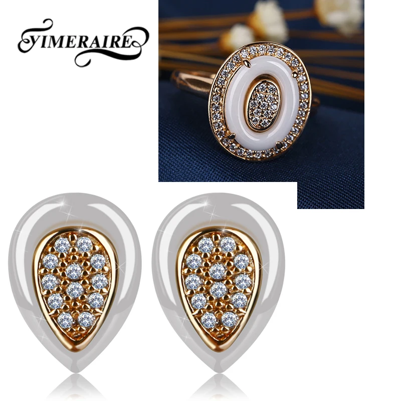 

Gold Crystal Women Jewelry Set Egg Shaped Elegant Rings Water Drop Stud Earrings Black White Ceramic Rhinestone Fashion Jewelry