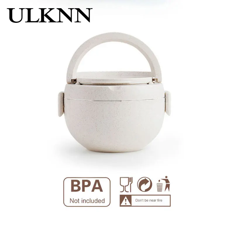 

ULKNN Wheat Stalk Round Lunch Box Beige Blue Pink Microwaves Available Good Heat Preservation Effect Wheat Stalk Round Lunch Box