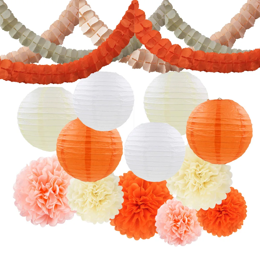 

15PCS Peach Ivory Orange Tissue Paper Pom Pom + Streamers Garland + Paper Lantern for Wedding, Birthday, Baby Shower Decor