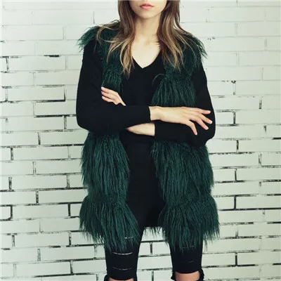 Зимняя меховая жилетка, пальто, женская искусственная Меховая куртка, плюс размер, v-образный вырез, куртка без рукавов, Женская Повседневная модная меховая жилетка, Длинные куртки - Цвет: Dark Green