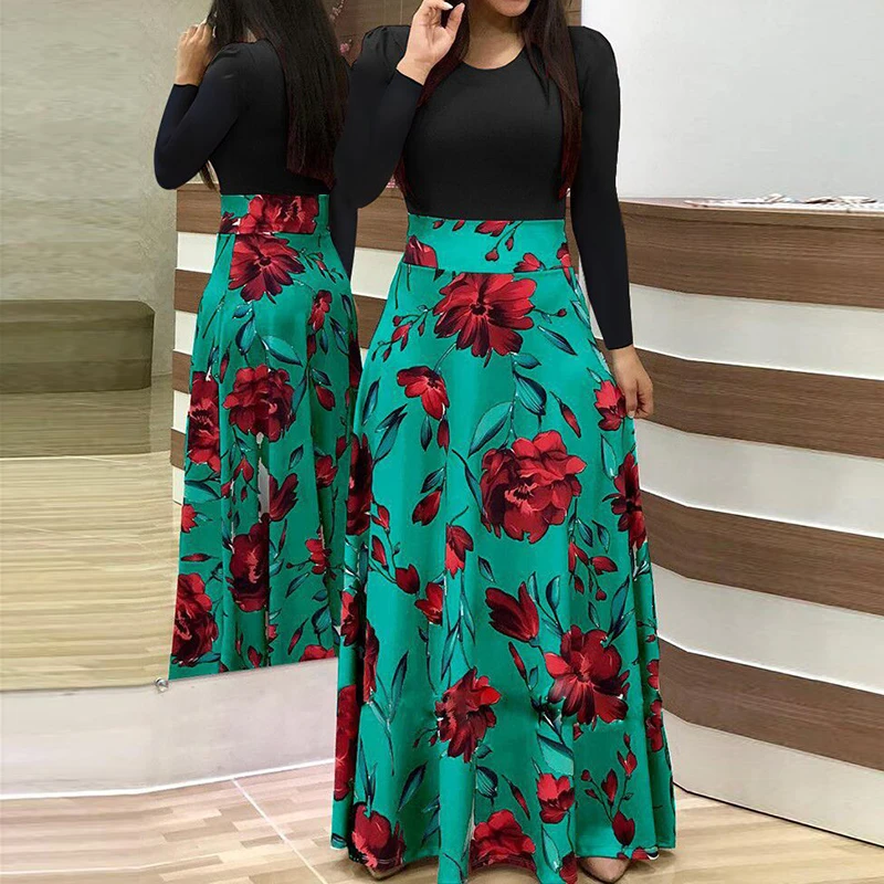 Women Long Sleeve Boho Polk Dot Maxi Dress New Fashion Floral Print Evening Party Dresses Women's Dresses Female Casual Vestidos