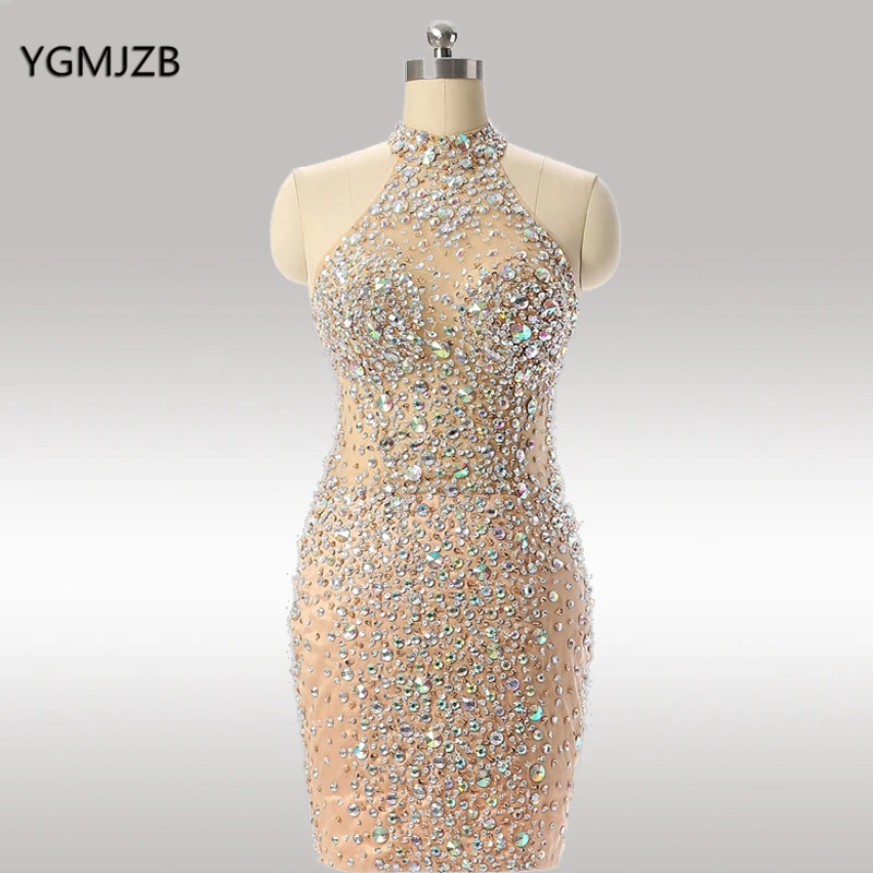 

Luxury Short Prom Dresses 2019 High Neck Full Beading Crystal Backless Sleeveless Mini Sexy Homecoming Party Cocktail Dresses