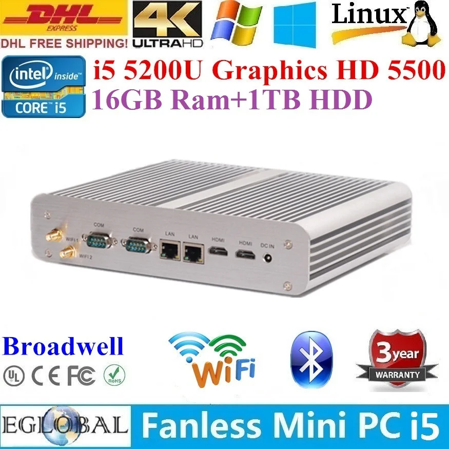 Lowest Price Best Performance Fanless Mini PC HTPC 16GB Ram 1TB HDD Broadwell Intel Core i5 5200U 2*Nics+2*COM+2*HDMI Media Center TV Player