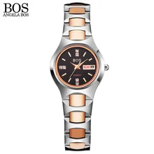 Kobiet Zegarka ANGELA BOS Brand Luxury Tungsten Steel Rhinestones Sapphire Date Quartz Watch Women Calendar Men Watches Clock