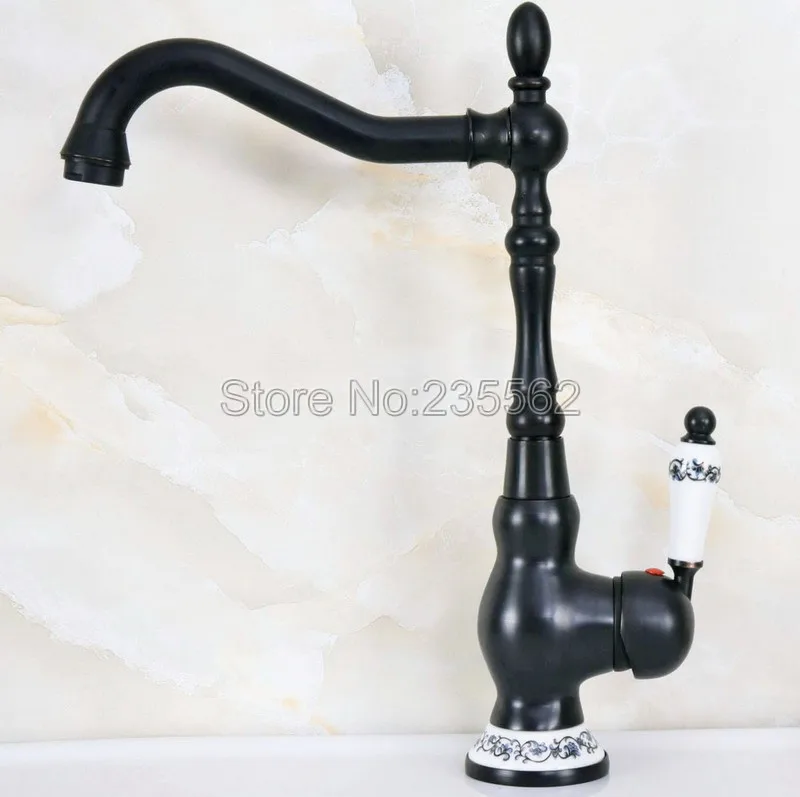 Black Oil Rubbed Bronze Swivel Spout Kitchen Faucet Ceramic Handle Wash Basin Sink Faucet Single Hole Deck Mounted Lnf656